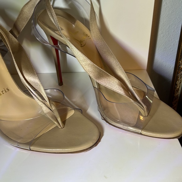Louboutin Marie Edwina 100 Nude stilettos ribbon ostrich feathers pvc naked  1 - Picture 9 of 14